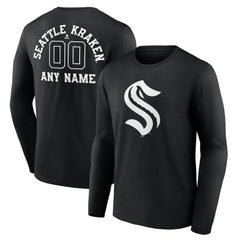 Seattle Kraken Personalized Name & Number Monochrome Long Sleeve T-Shirt - Black T-shirts