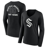 Seattle Kraken Women's Personalized Name & Number Monochrome Long Sleeve V-Neck T-Shirt - Black T-shirts