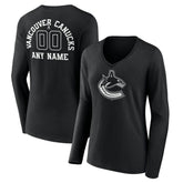 Vancouver Canucks Women's Personalized Name & Number Monochrome Long Sleeve V-Neck T-Shirt - Black T-shirts