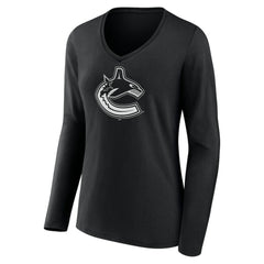 Vancouver Canucks Women's Personalized Name & Number Monochrome Long Sleeve V-Neck T-Shirt - Black T-shirts