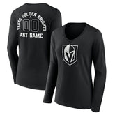 Vegas Golden Knights Women's Personalized Name & Number Monochrome Long Sleeve V-Neck T-Shirt - Black T-shirts