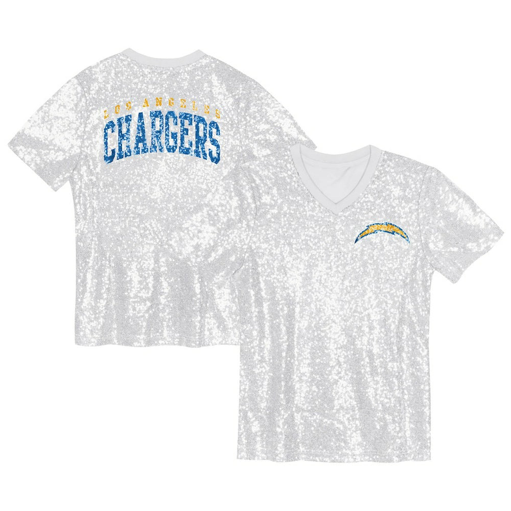 Los Angeles Chargers Girls Youth Wordmark Sequin V-Neck Top - White sale