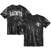 New Orleans Saints Girls Youth Wordmark Sequin V-Neck Top - Black on sale