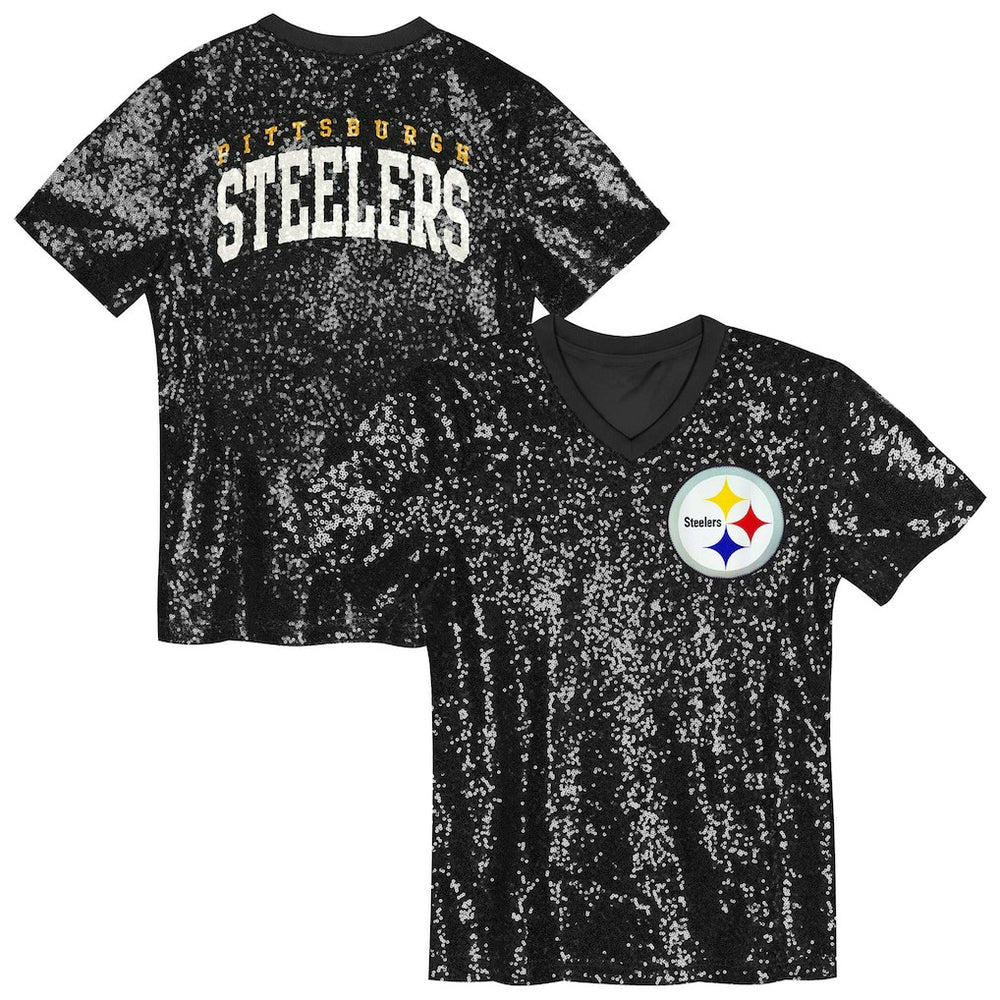 Pittsburgh Steelers Girls Youth Wordmark Sequin V-Neck Top - Black outlet