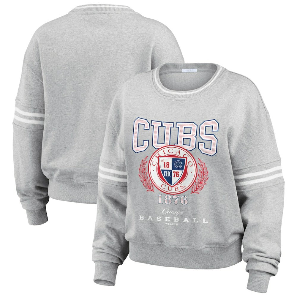 Chicago Cubs WEAR by Erin Andrews Women's Domestic Crest Pullover Sweatshirt Heather Gray