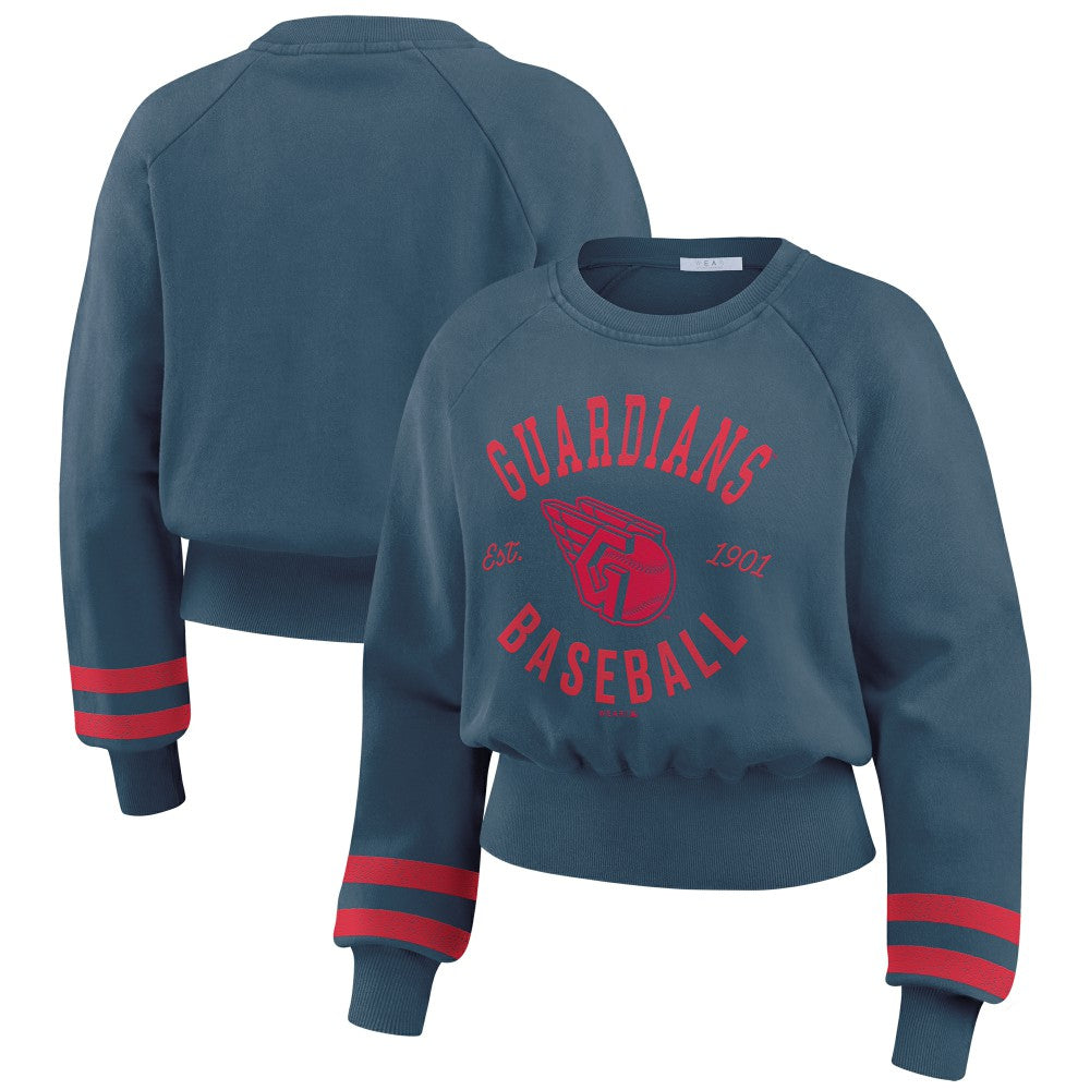 Cleveland Guardians WEAR by Erin Andrews Women's Vintage Washed Cropped Pullover Sweatshirt Navy