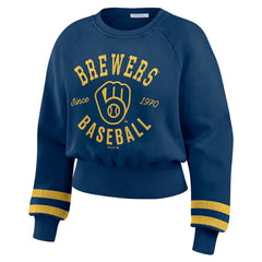 Milwaukee Brewers WEAR by Erin Andrews Women's Vintage Washed Cropped Pullover Sweatshirt Navy