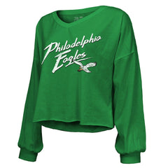 Saquon Barkley Philadelphia Eagles Majestic Threads Women's Name & Number Off-Shoulder Script Cropped Long Sleeve Relaxed V-Neck T-Shirt - Kelly Green outlet
