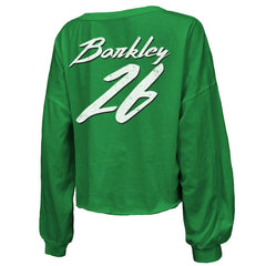 Saquon Barkley Philadelphia Eagles Majestic Threads Women's Name & Number Off-Shoulder Script Cropped Long Sleeve Relaxed V-Neck T-Shirt - Kelly Green outlet
