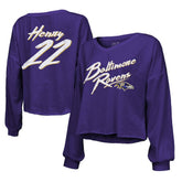 Derrick Henry Baltimore Ravens Majestic Threads Women's Name & Number Off-Shoulder Script Cropped Long Sleeve Relaxed V-Neck T-Shirt - Purple sale