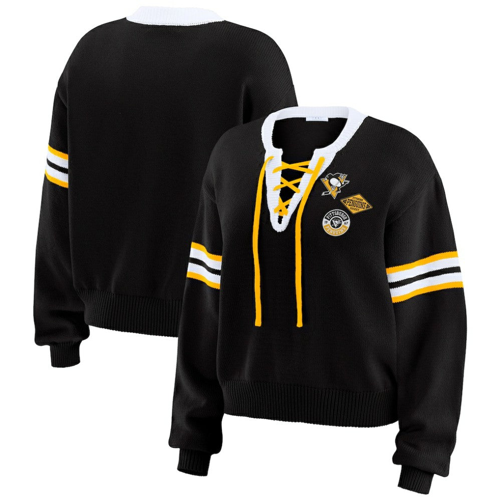 Pittsburgh Penguins WEAR by Erin Andrews Women's Cropped Lace-Up Sweater - Black