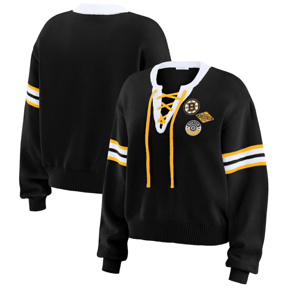 Boston Bruins WEAR by Erin Andrews Women's Cropped Lace-Up Sweater - Black