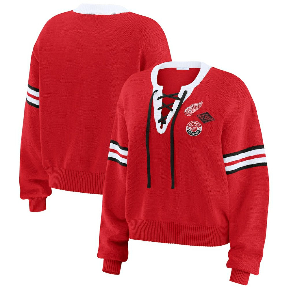 Detroit Red Wings WEAR by Erin Andrews Women's Cropped Lace-Up Sweater - Red