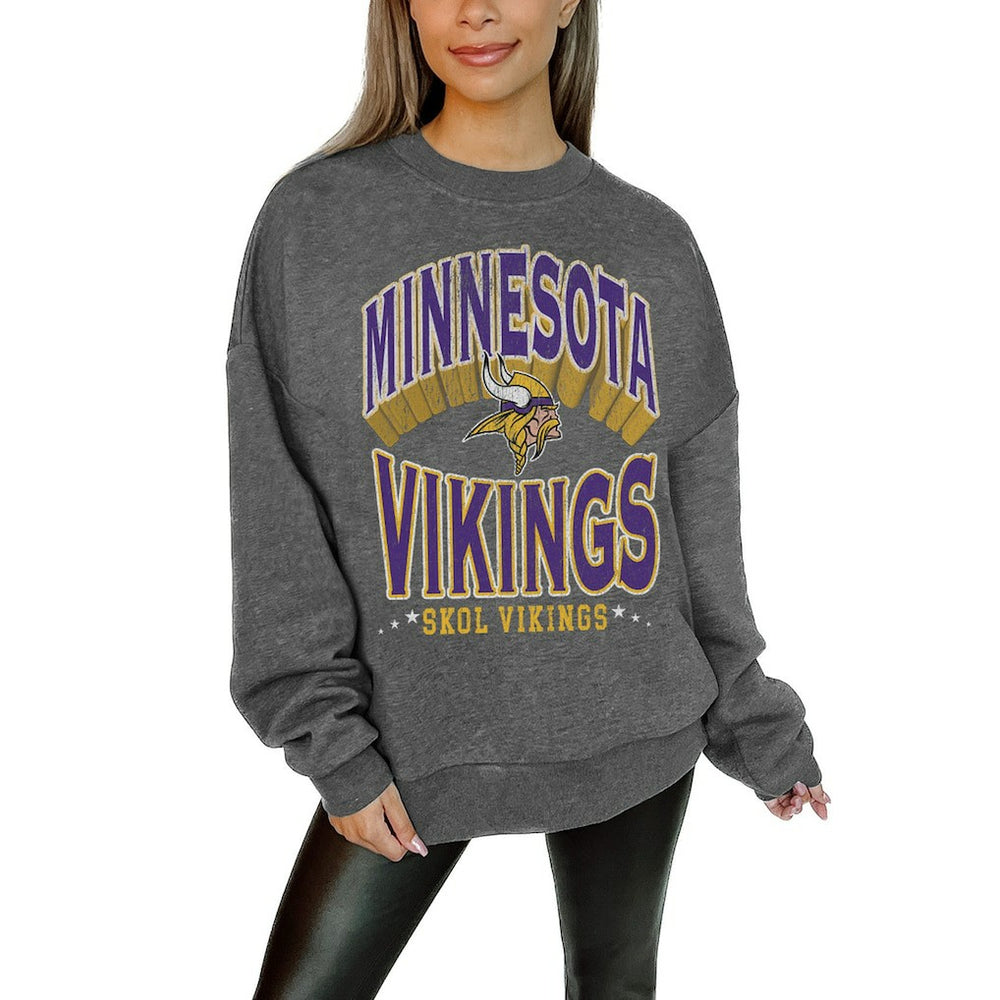 Minnesota Vikings Gameday Couture Women's Oversized Long Weekend Premium Fleece Drop Shoulder Pullover Sweatshirt - Charcoal on sale