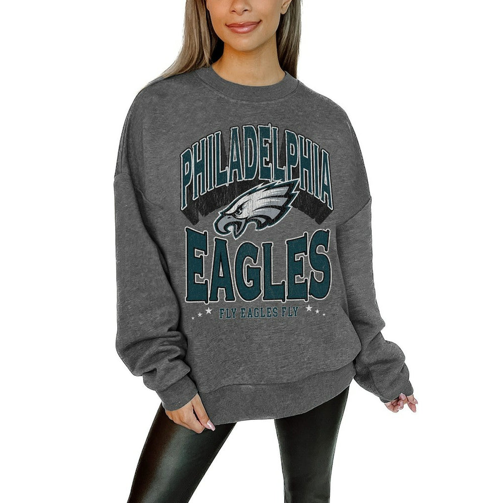 Philadelphia Eagles Gameday Couture Women's Oversized Long Weekend Premium Fleece Drop Shoulder Pullover Sweatshirt - Charcoal for sale