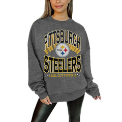 Pittsburgh Steelers Gameday Couture Women's Oversized Long Weekend Premium Fleece Drop Shoulder Pullover Sweatshirt - Charcoal sale
