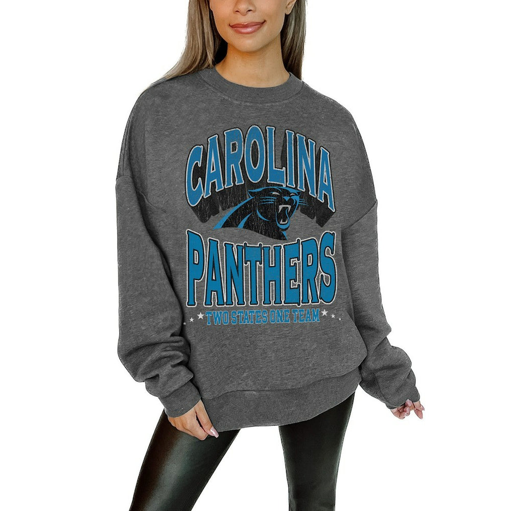 Carolina Panthers Gameday Couture Women's Oversized Long Weekend Premium Fleece Drop Shoulder Pullover Sweatshirt - Charcoal outlet