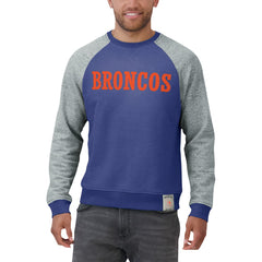 Denver Broncos Darius Rucker Collection Throwback Color Block Raglan Pullover Sweatshirt - Royal/Heather Gray sale