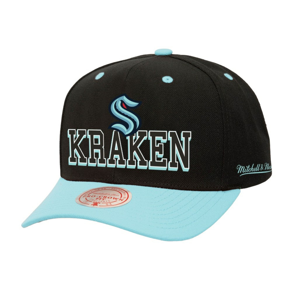 Seattle Kraken Mitchell & Ness Backside Script Two-Tone Pro Crown Adjustable Hat - Black/Light Blue Hats