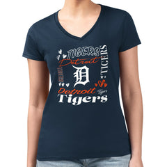 Detroit Tigers G-III 4Her by Carl Banks Women's Super-Slim Fit Lightweight Collage Team Graphic V-Neck T-Shirt Navy
