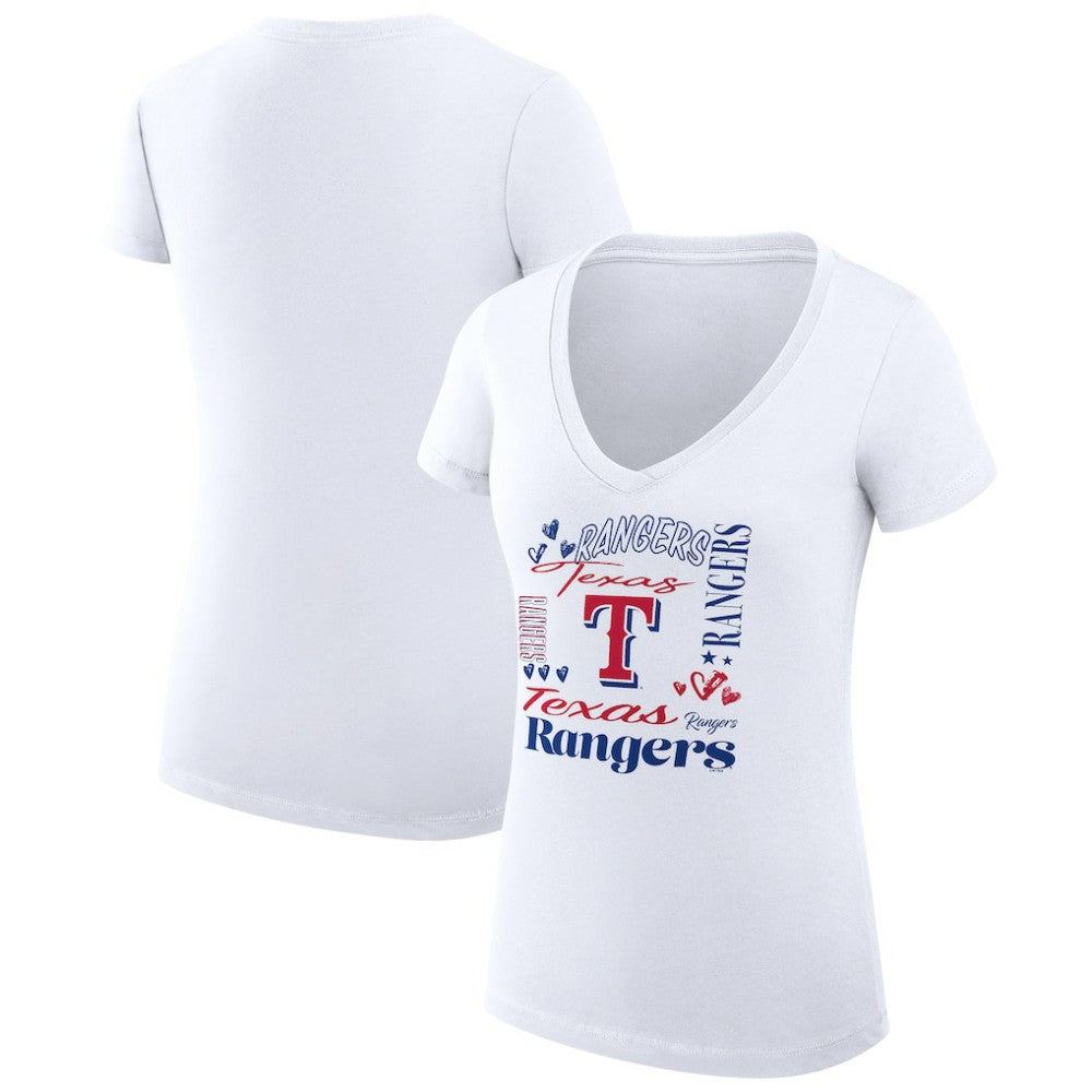 Texas Rangers G-III 4Her by Carl Banks Women's Super-Slim Fit Lightweight Collage Team Graphic V-Neck T-Shirt White
