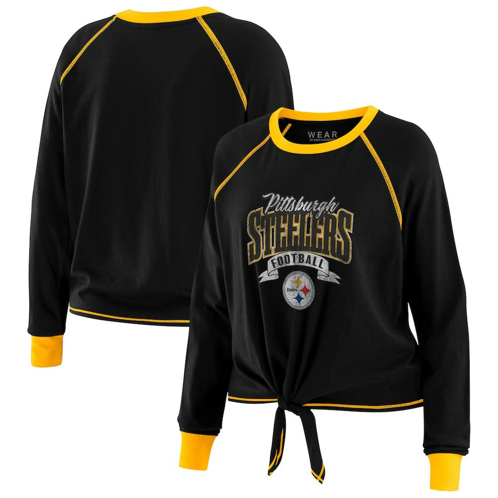 Pittsburgh Steelers WEAR by Erin Andrews Women's Tie-Front Long Sleeve Top - Black/Gold online