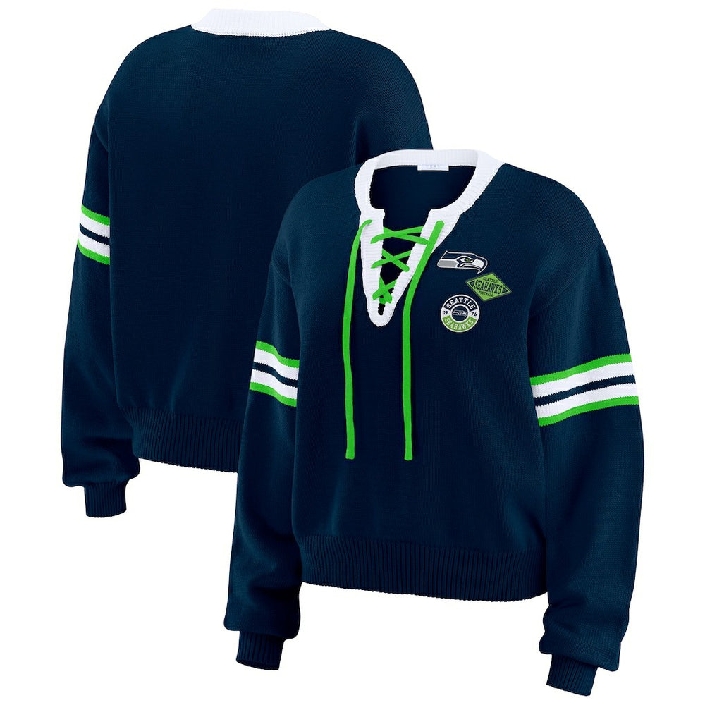 Seattle Seahawks WEAR by Erin Andrews Women's Lace-Up Pullover Sweatshirt - Navy cheap