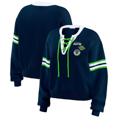 Seattle Seahawks WEAR by Erin Andrews Women's Lace-Up Pullover Sweatshirt - Navy cheap