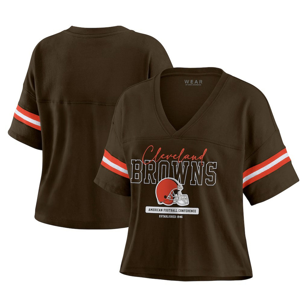 Cleveland Browns WEAR by Erin Andrews Women's Color Block Boxy Modest Crop V-Neck T-Shirt - Brown for sale