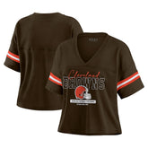Cleveland Browns WEAR by Erin Andrews Women's Color Block Boxy Modest Crop V-Neck T-Shirt - Brown for sale