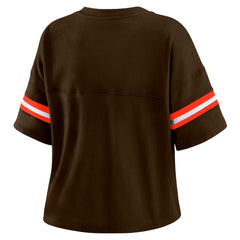 Cleveland Browns WEAR by Erin Andrews Women's Color Block Boxy Modest Crop V-Neck T-Shirt - Brown for sale