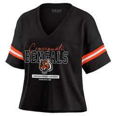 Cincinnati Bengals WEAR by Erin Andrews Women's Color Block Boxy Modest Crop V-Neck T-Shirt - Black for sale