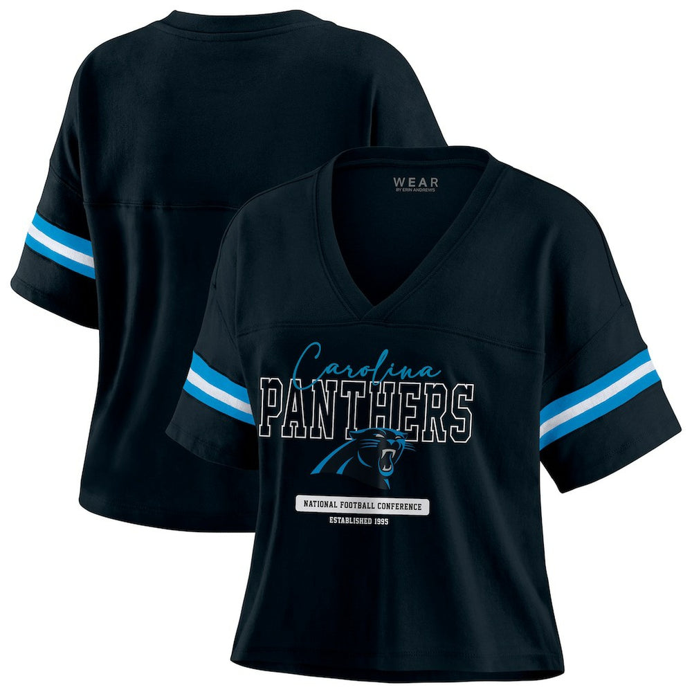 Carolina Panthers WEAR by Erin Andrews Women's Color Block Boxy Modest Crop V-Neck T-Shirt - Black discount