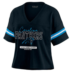 Carolina Panthers WEAR by Erin Andrews Women's Color Block Boxy Modest Crop V-Neck T-Shirt - Black discount