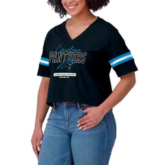 Carolina Panthers WEAR by Erin Andrews Women's Color Block Boxy Modest Crop V-Neck T-Shirt - Black discount