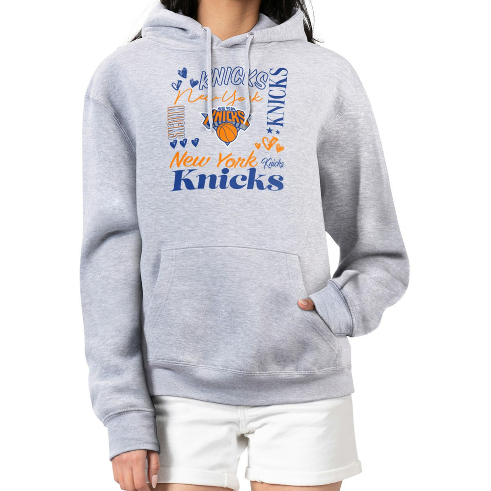 New York Knicks G-III 4Her by Carl Banks Women's Team Collage Graphic Fleece Pullover Hoodie - Heather Gray on sale