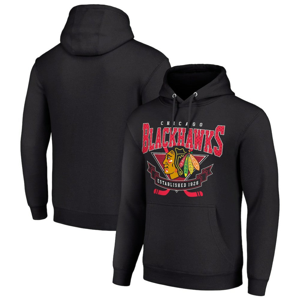 Chicago Blackhawks Starter Team Logo Graphic Fleece Tri-Blend Pullover Hoodie - Black Hoodies