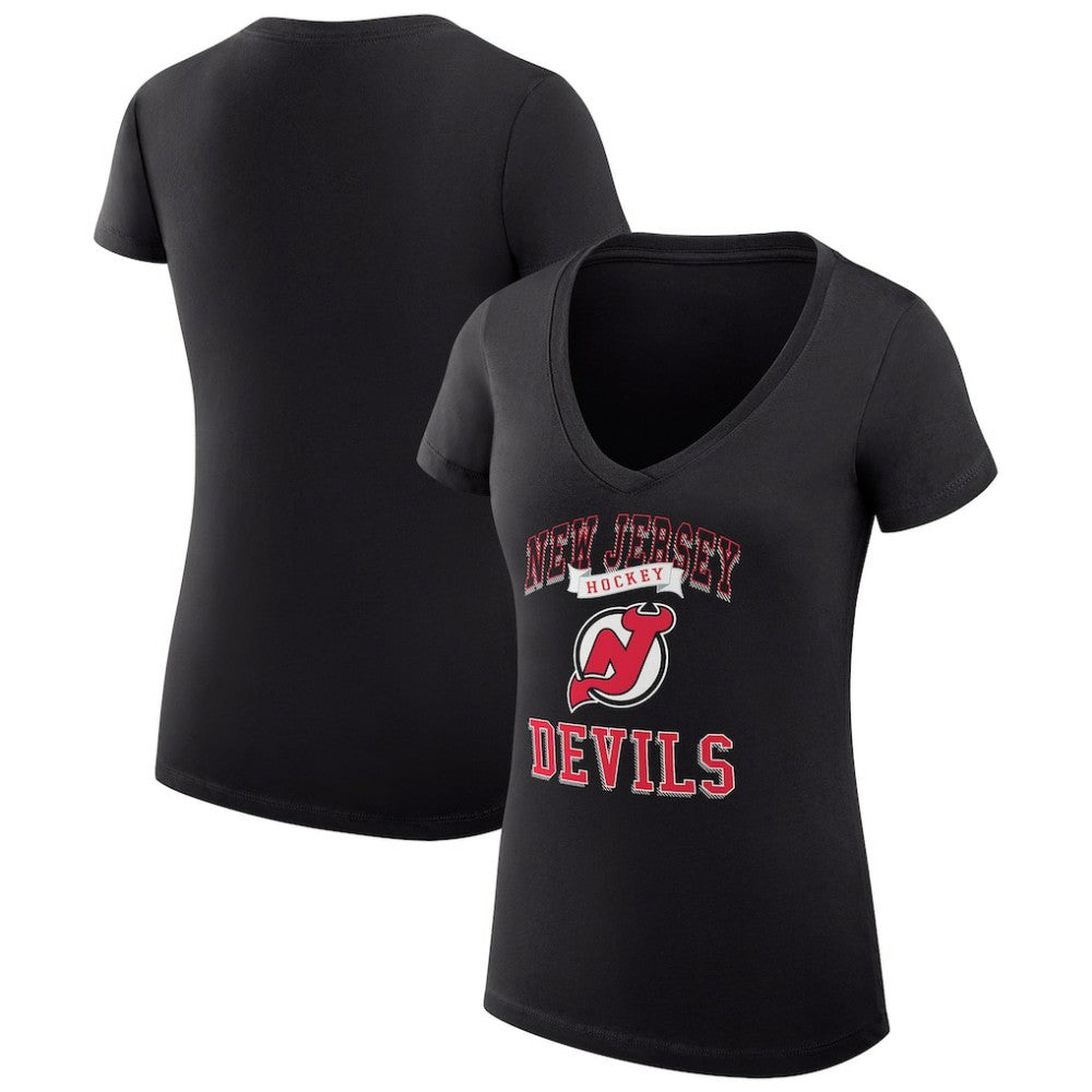 New Jersey Devils G-III 4Her by Carl Banks Women's Super-Slim Fit Lightweight Team Logo Graphic V-Neck T-Shirt - Black T-shirts