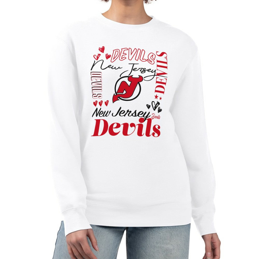 New Jersey Devils G-III 4Her by Carl Banks Women's Collage Graphic Fleece Long Sleeve Pullover Sweatshirt - White Sweatshirts
