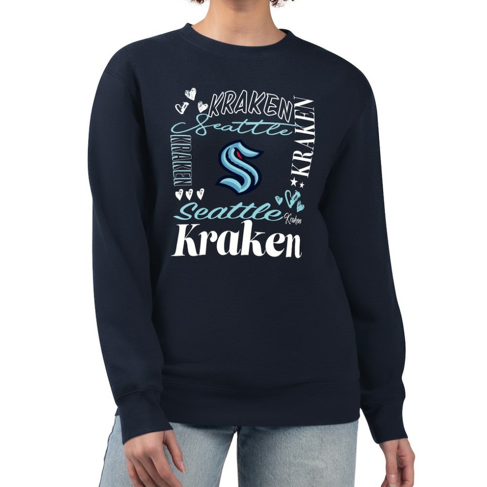 Seattle Kraken G-III 4Her by Carl Banks Women's Collage Graphic Fleece Long Sleeve Pullover Sweatshirt - Deep Sea Blue Sweatshirts