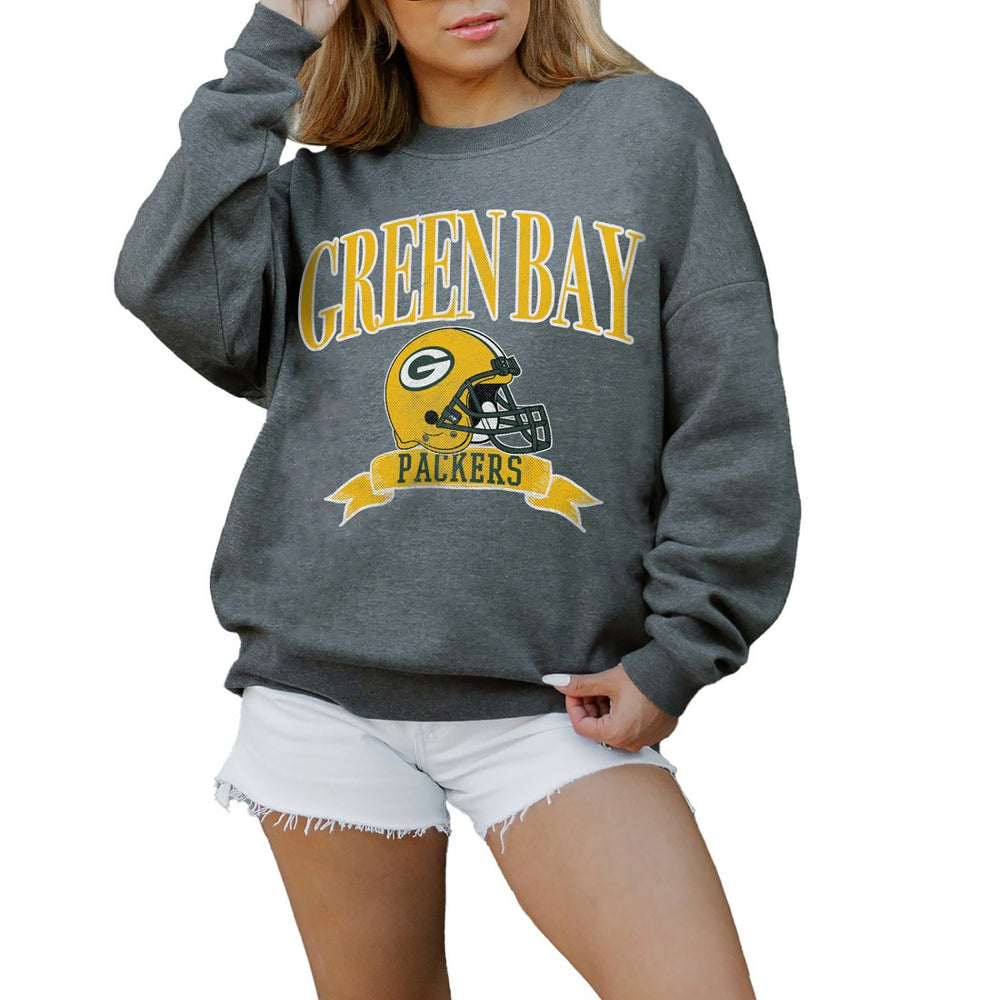 Green Bay Packers Gameday Couture Women's Oversized Seal The Deal Premium Fleece Drop Shoulder Pullover Sweatshirt - Charcoal discount