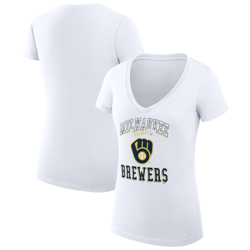 Milwaukee Brewers G-III 4Her by Carl Banks Women's Super-Slim Fit Lightweight Team Logo Graphic V-Neck T-Shirt White