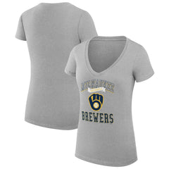Milwaukee Brewers G-III 4Her by Carl Banks Women's Super-Slim Fit Lightweight Team Logo Graphic V-Neck T-Shirt Heather Gray