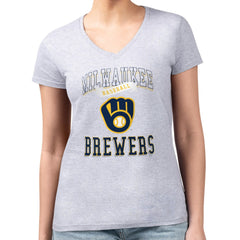Milwaukee Brewers G-III 4Her by Carl Banks Women's Super-Slim Fit Lightweight Team Logo Graphic V-Neck T-Shirt Heather Gray
