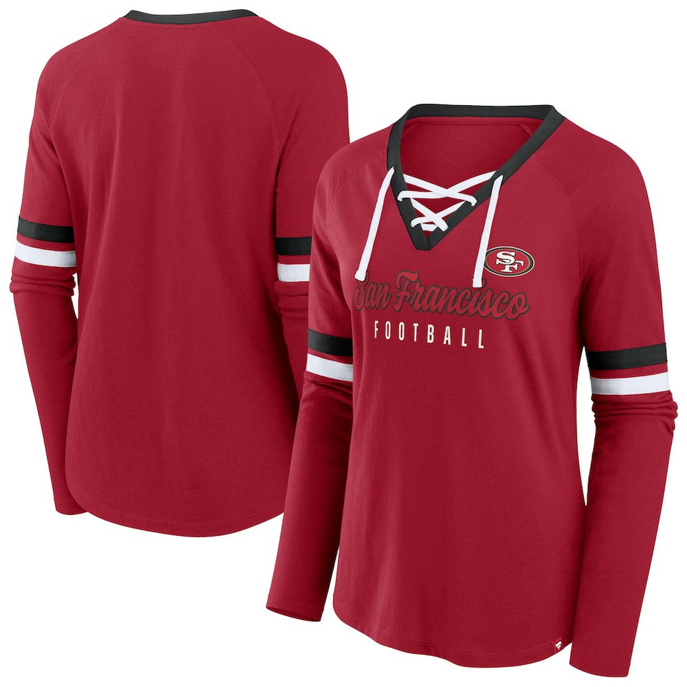 San Francisco 49ers Women's Plus Size Won & Done Lace-Up V-Neck Long Sleeve T-Shirt - Scarlet discount