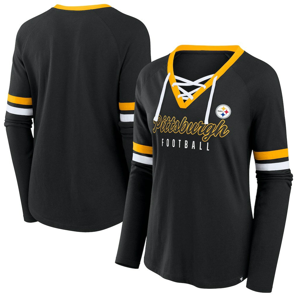 Pittsburgh Steelers Women's Plus Size Won & Done Lace-Up V-Neck Long Sleeve T-Shirt - Black discount