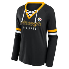Pittsburgh Steelers Women's Plus Size Won & Done Lace-Up V-Neck Long Sleeve T-Shirt - Black discount