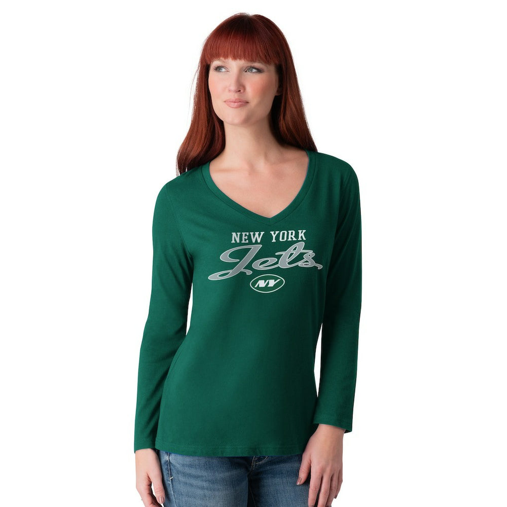 New York Jets G-III 4Her by Carl Banks Women's Post Season Long Sleeve V-Neck T-Shirt - Green for sale