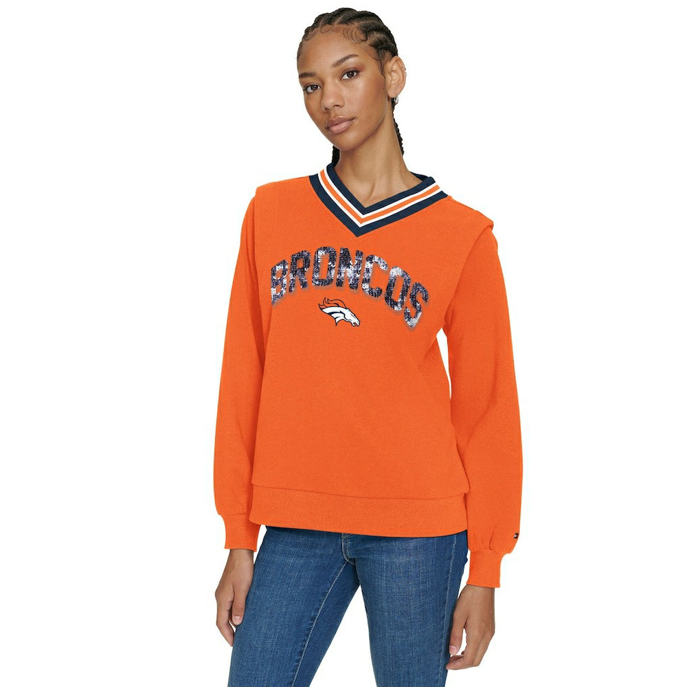 Denver Broncos Tommy Hilfiger Women's Alice V-Neck Pullover Sweatshirt - Orange on sale