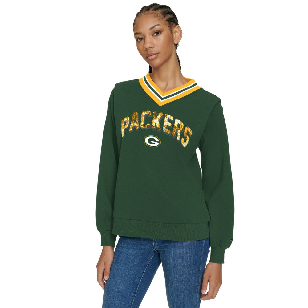 Green Bay Packers Tommy Hilfiger Women's Alice V-Neck Pullover Sweatshirt - Green on sale